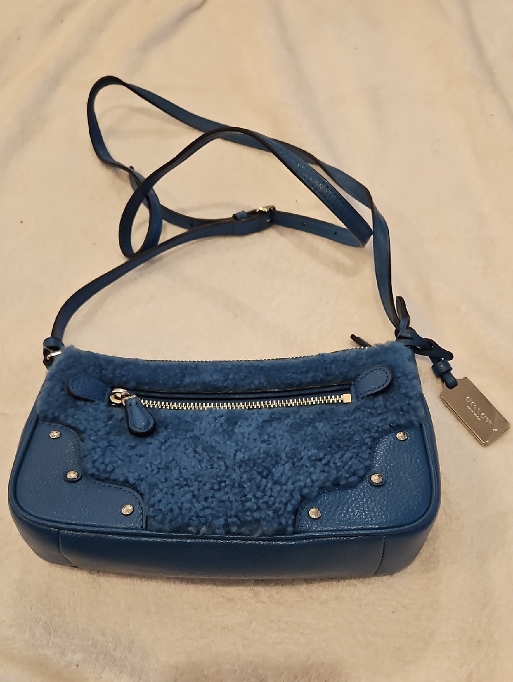 Coach Rhyder Blue Shearling Crossbody Bag Small New